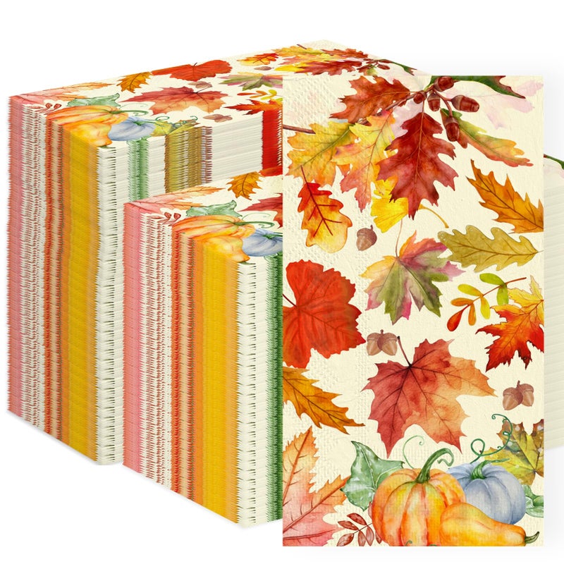 Fall and Thanksgiving Paper Napkins Disposable Guest Dinner Hand Towels Cocktail Party Decorations Autumn Maple Leaves and Pumpkin Pattern 43x79 Inches 100 Count